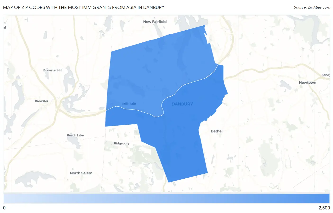 Zip Codes with the Most Immigrants from Asia in Danbury Map