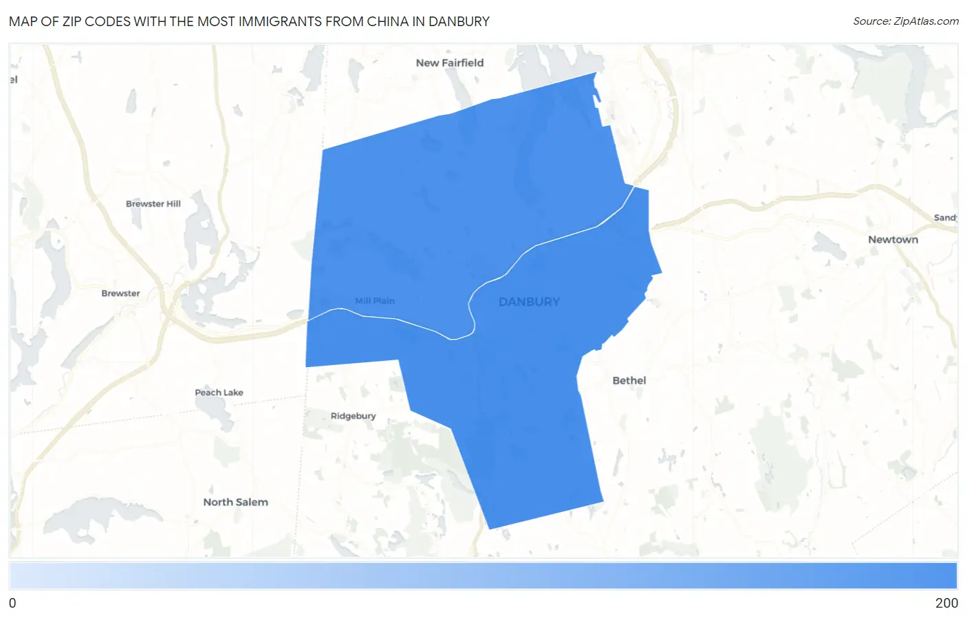 Zip Codes with the Most Immigrants from China in Danbury Map