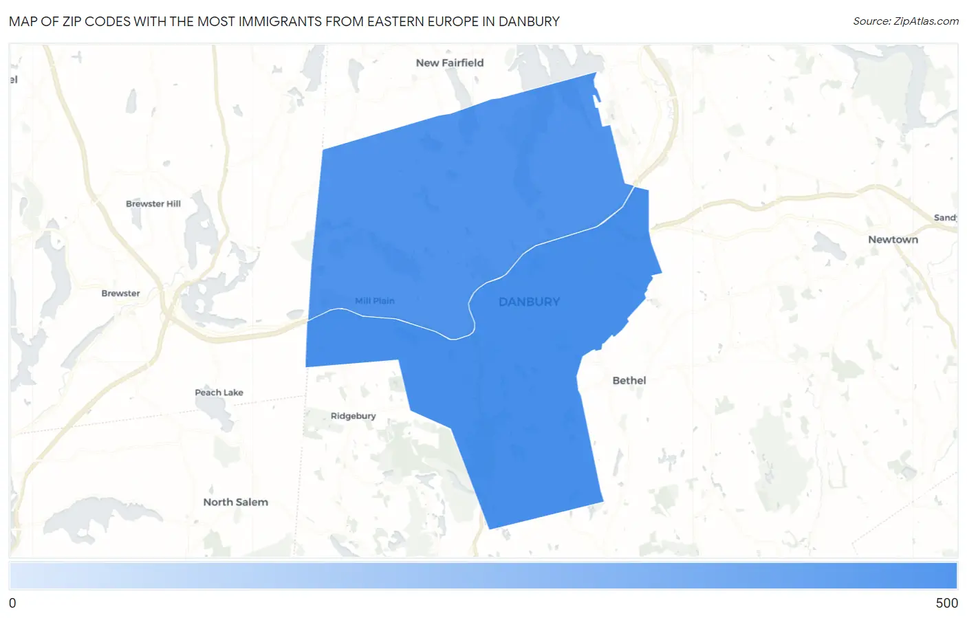 Zip Codes with the Most Immigrants from Eastern Europe in Danbury Map