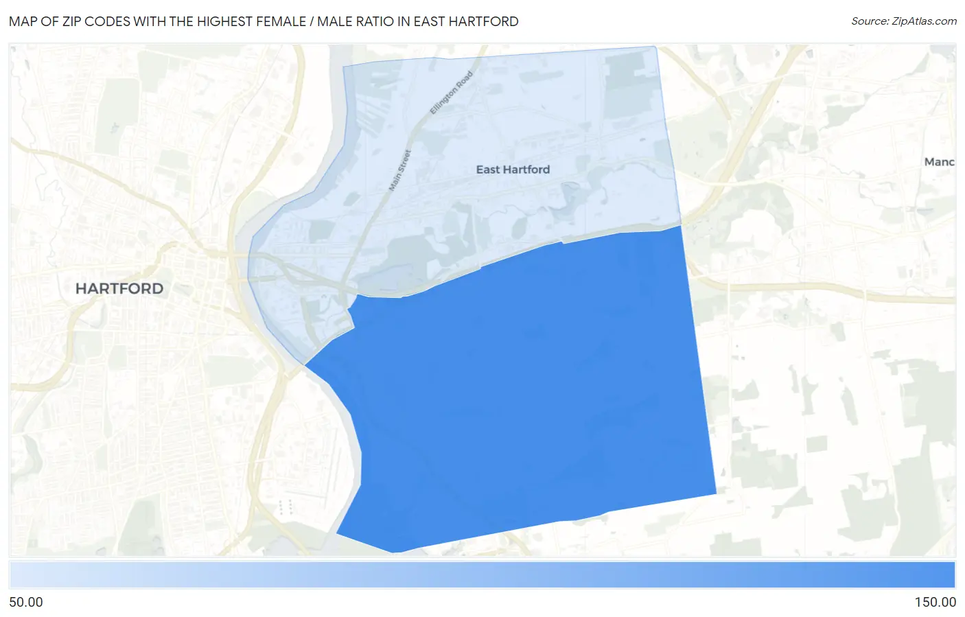 Zip Codes with the Highest Female / Male Ratio in East Hartford Map