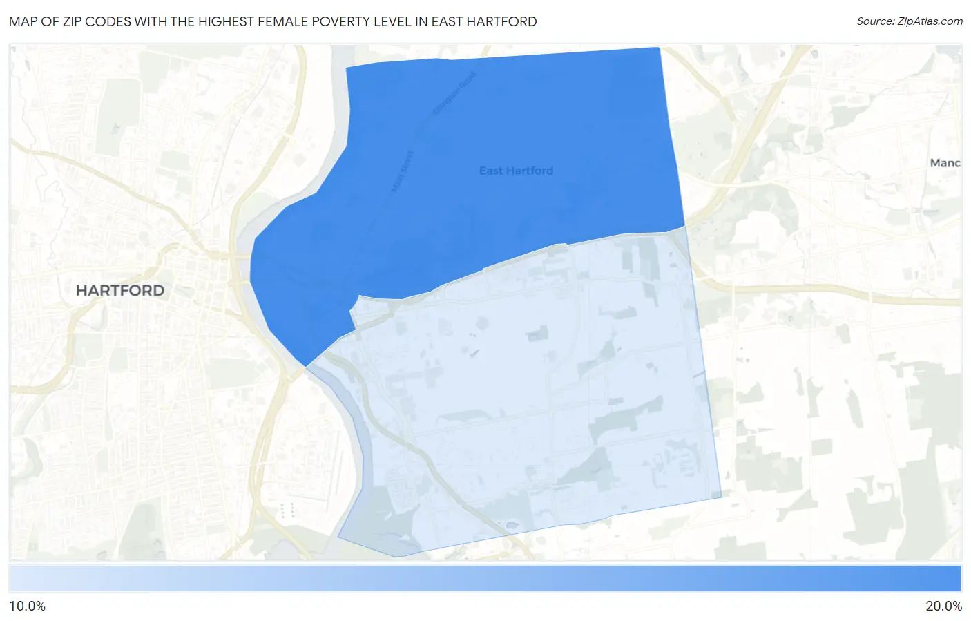 Zip Codes with the Highest Female Poverty Level in East Hartford Map