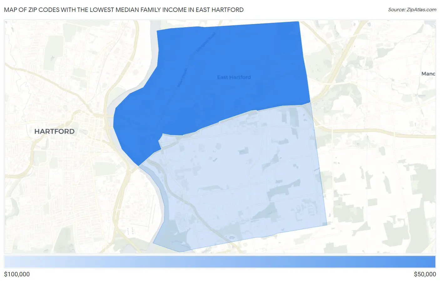 Zip Codes with the Lowest Median Family Income in East Hartford Map