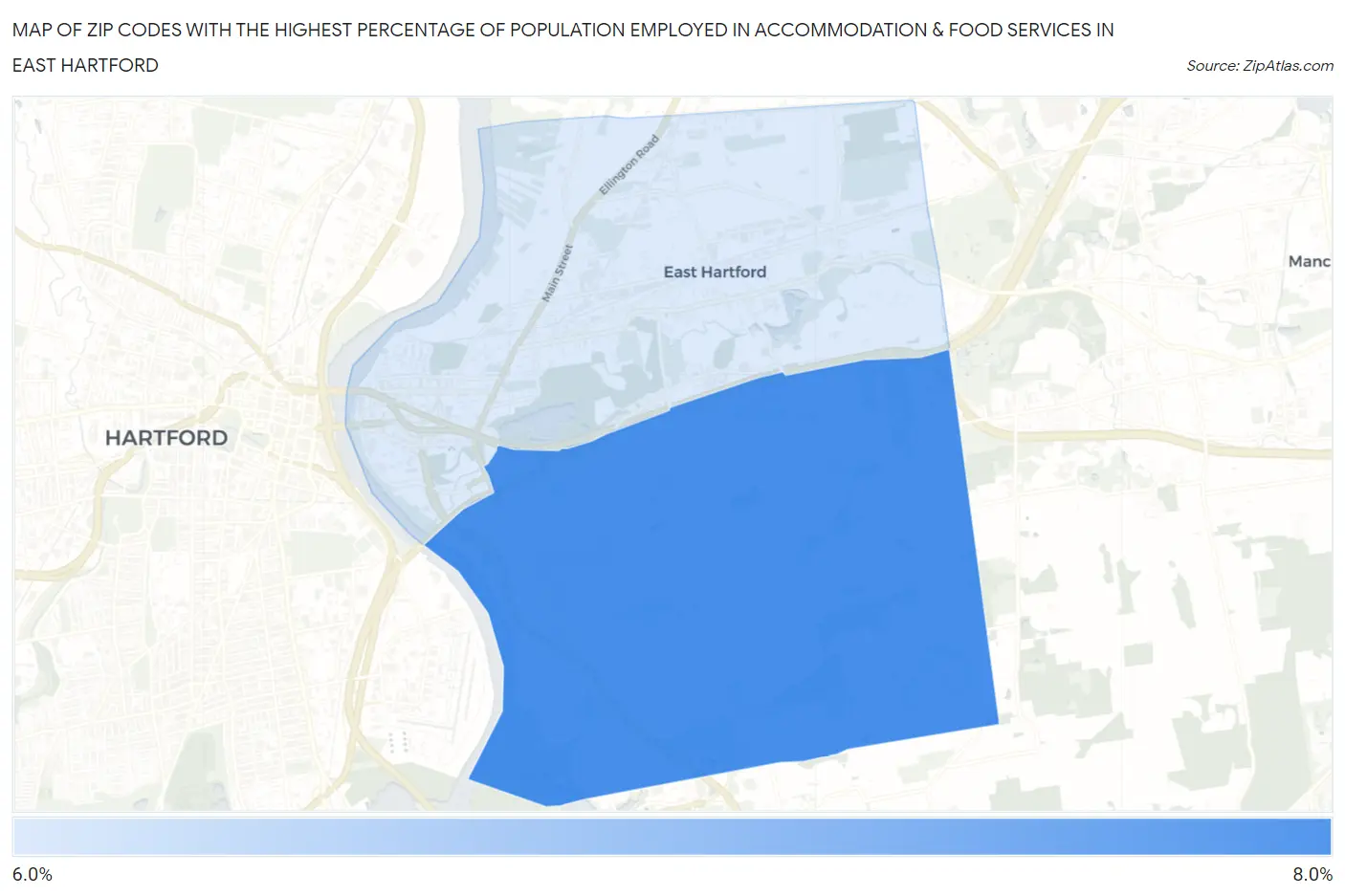 Zip Codes with the Highest Percentage of Population Employed in Accommodation & Food Services in East Hartford Map