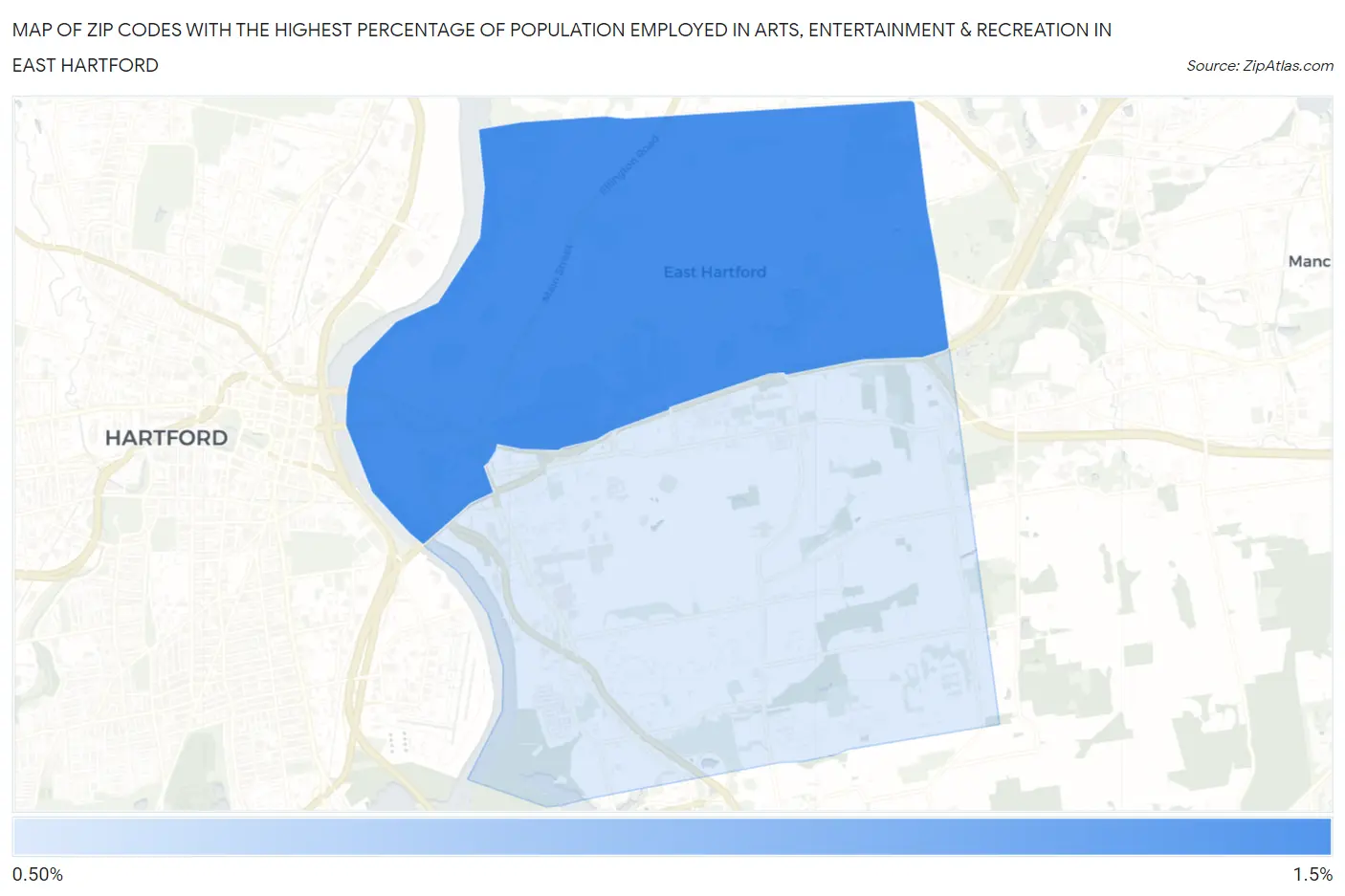 Zip Codes with the Highest Percentage of Population Employed in Arts, Entertainment & Recreation in East Hartford Map