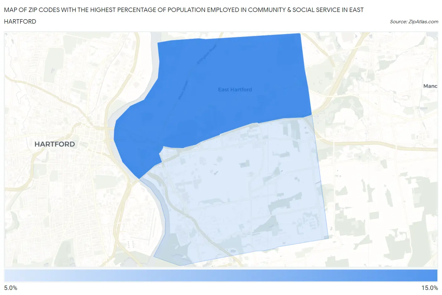 Zip Codes with the Highest Percentage of Population Employed in Community & Social Service  in East Hartford Map
