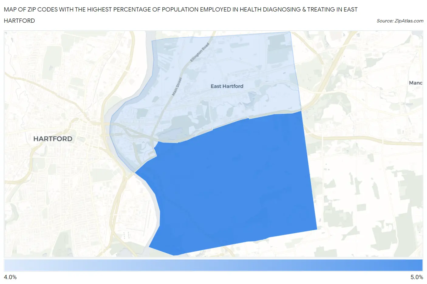 Zip Codes with the Highest Percentage of Population Employed in Health Diagnosing & Treating in East Hartford Map