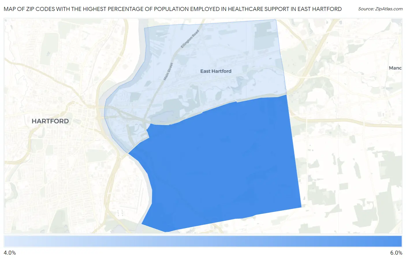 Zip Codes with the Highest Percentage of Population Employed in Healthcare Support in East Hartford Map