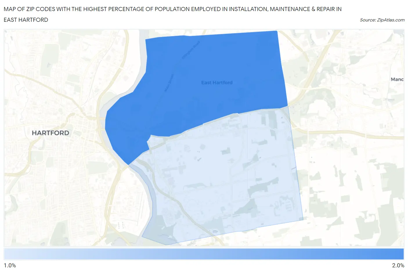 Zip Codes with the Highest Percentage of Population Employed in Installation, Maintenance & Repair in East Hartford Map