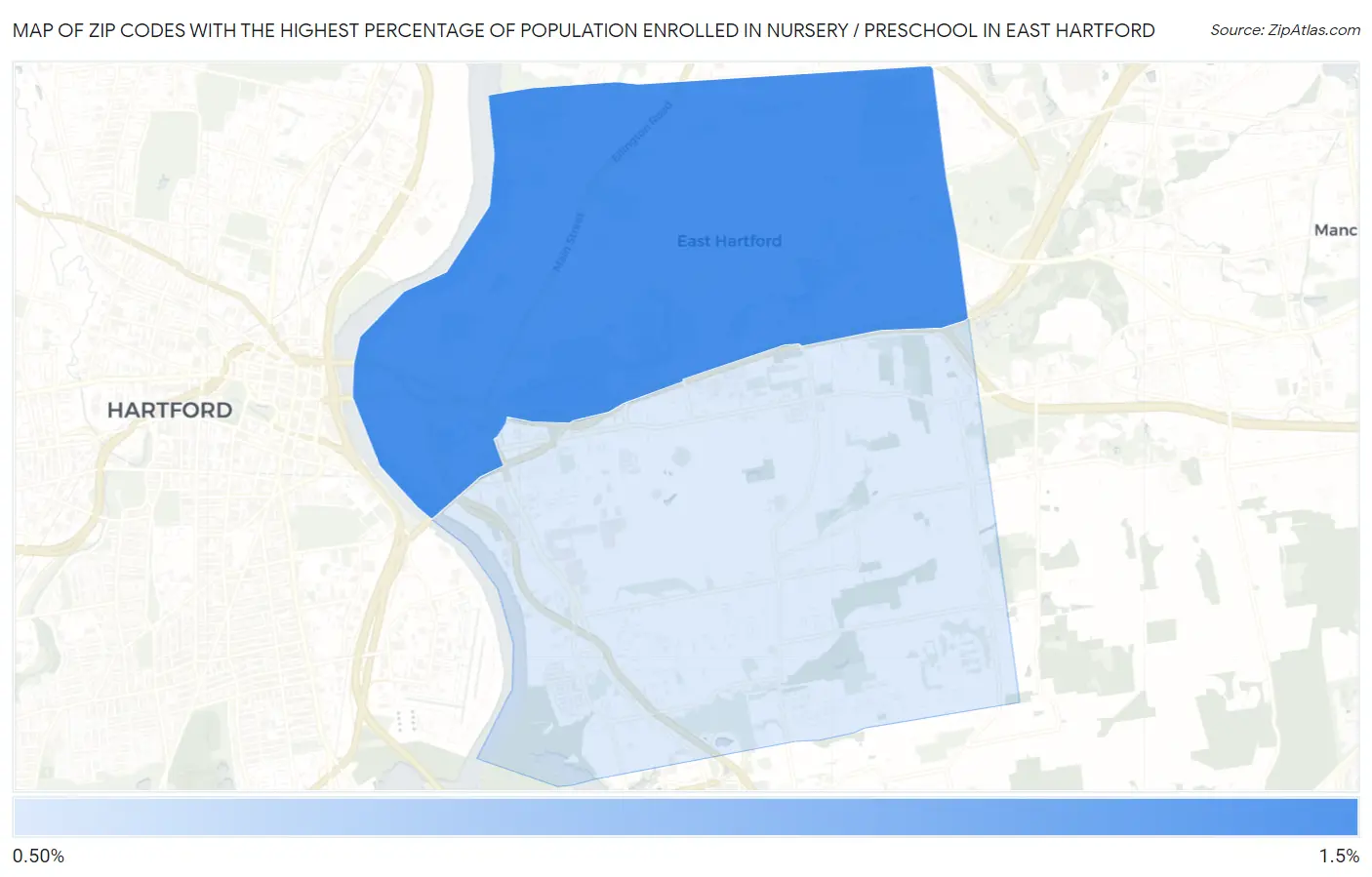 Zip Codes with the Highest Percentage of Population Enrolled in Nursery / Preschool in East Hartford Map