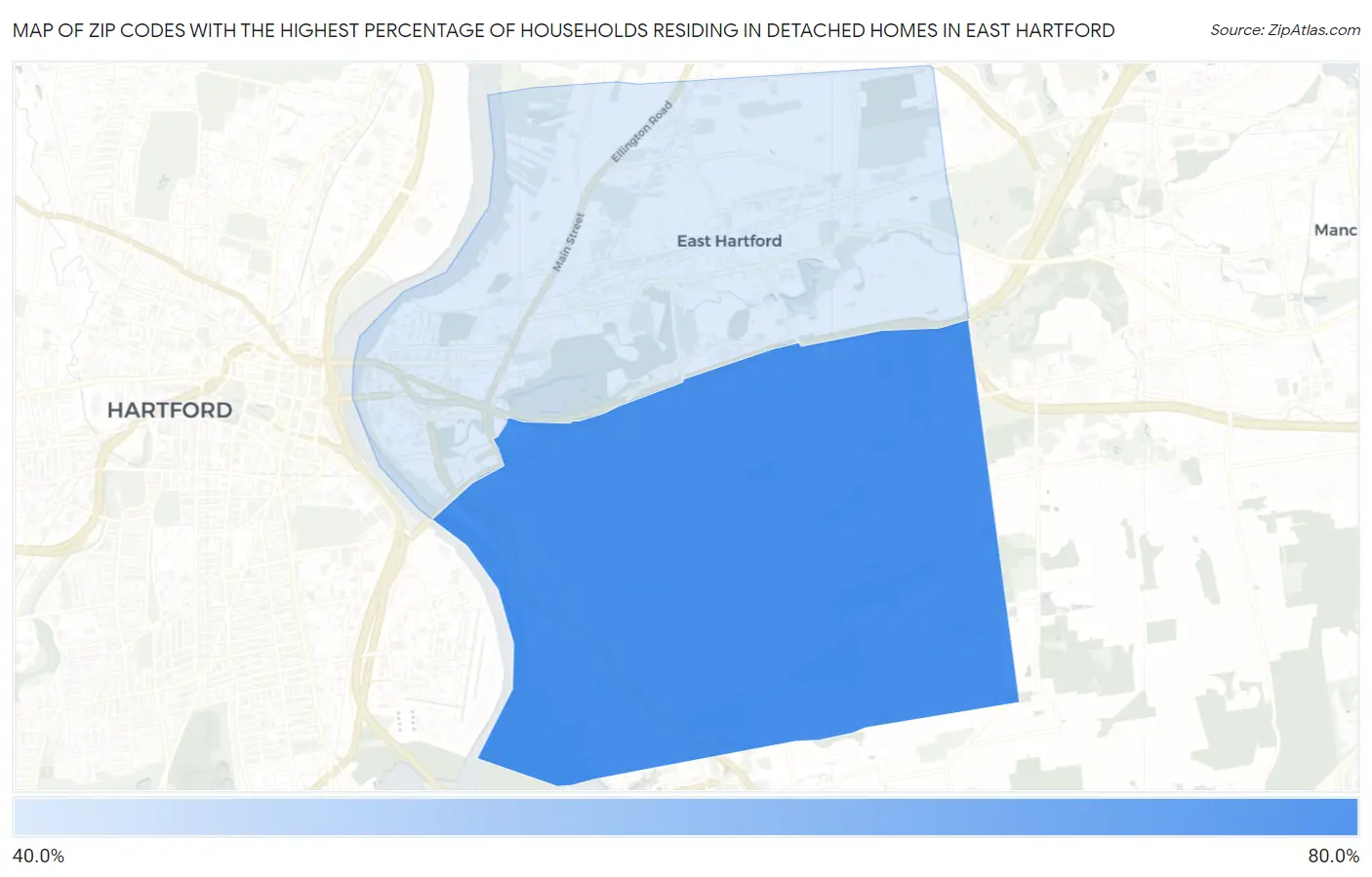 Zip Codes with the Highest Percentage of Households Residing in Detached Homes in East Hartford Map