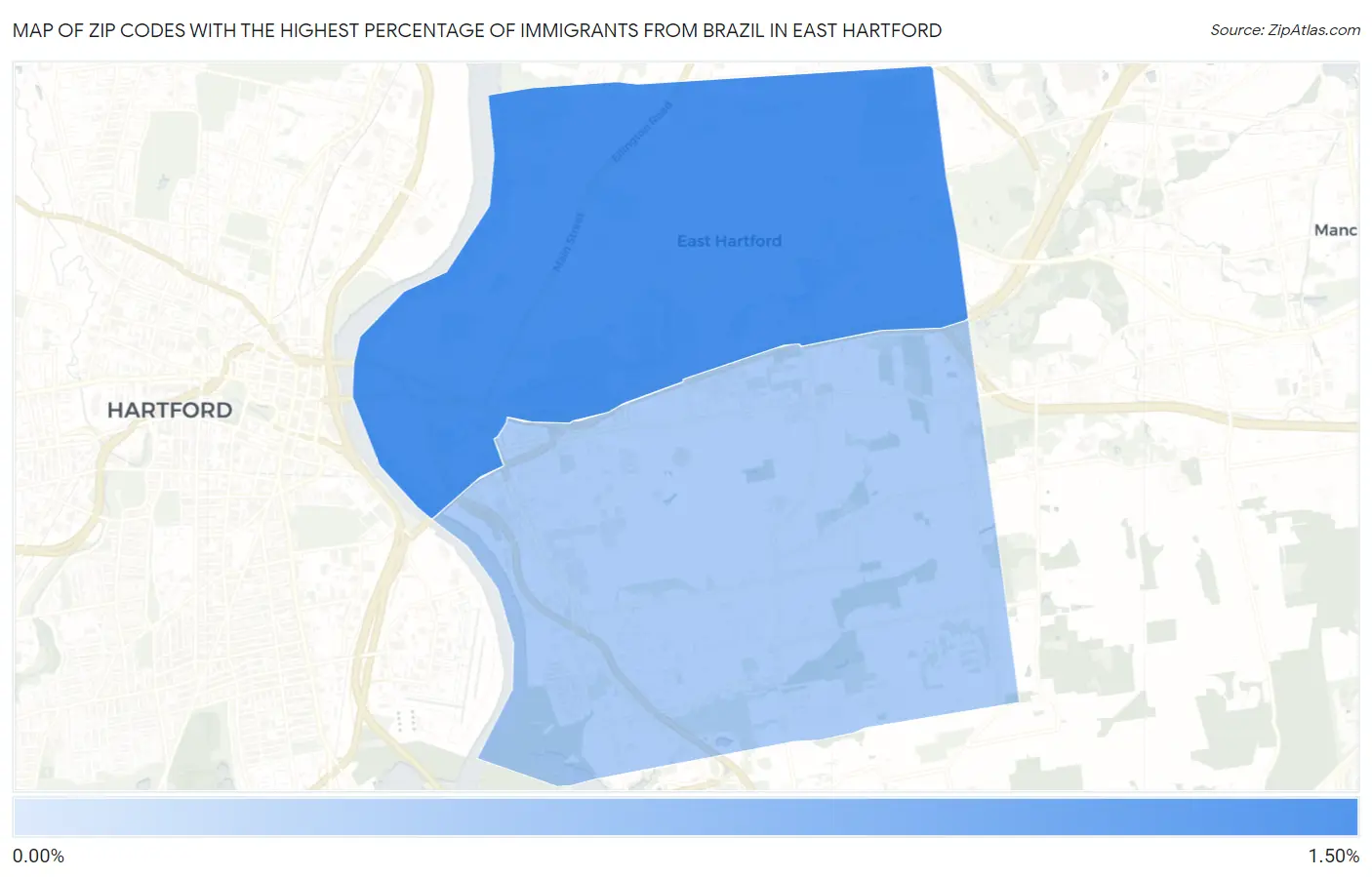 Zip Codes with the Highest Percentage of Immigrants from Brazil in East Hartford Map