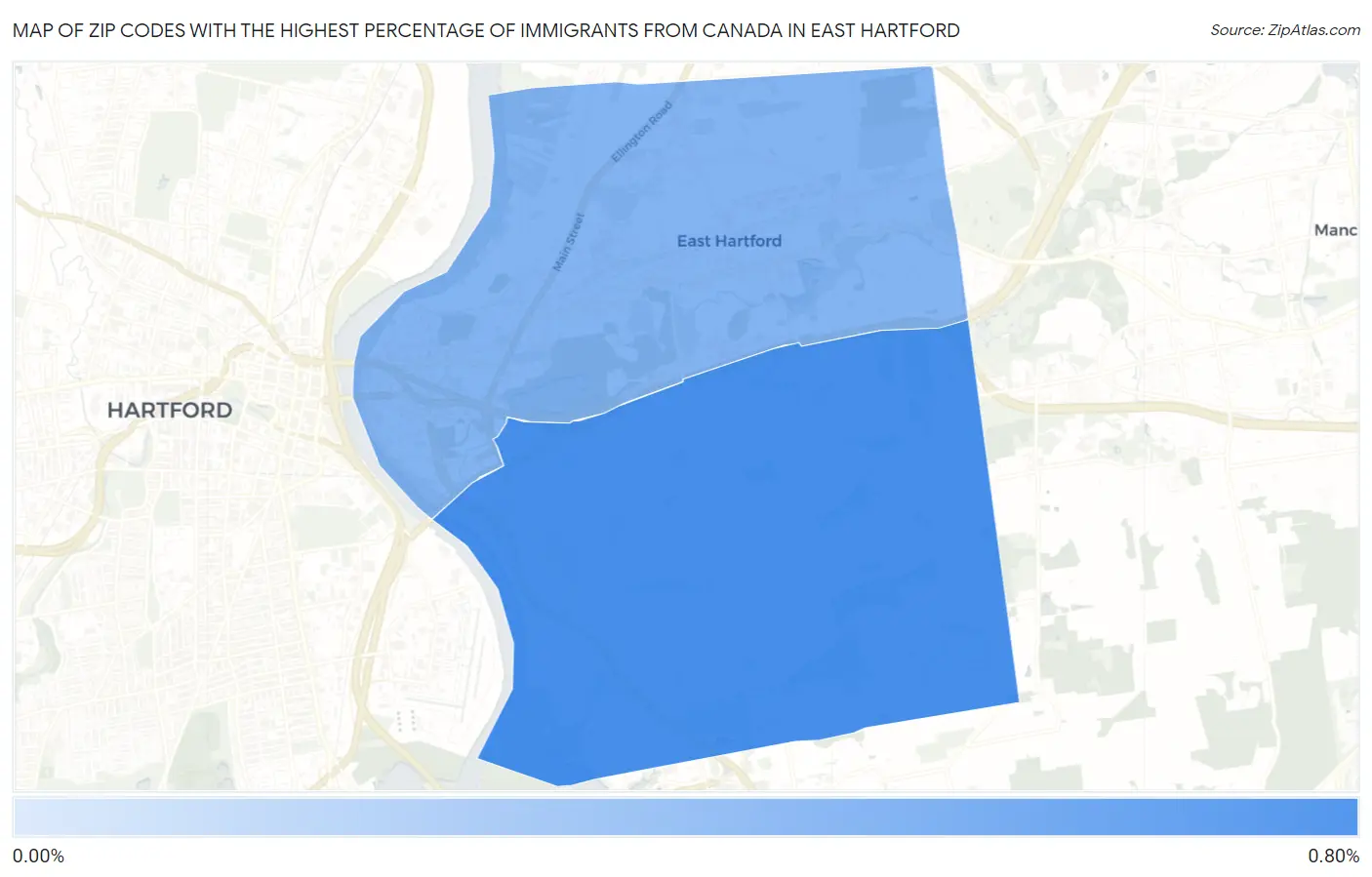 Zip Codes with the Highest Percentage of Immigrants from Canada in East Hartford Map