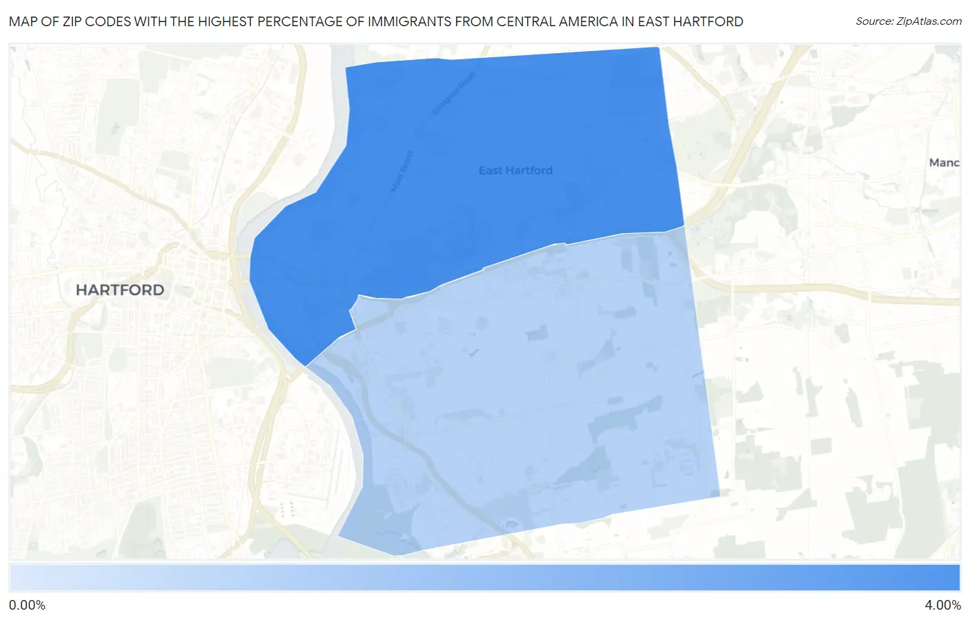 Zip Codes with the Highest Percentage of Immigrants from Central America in East Hartford Map
