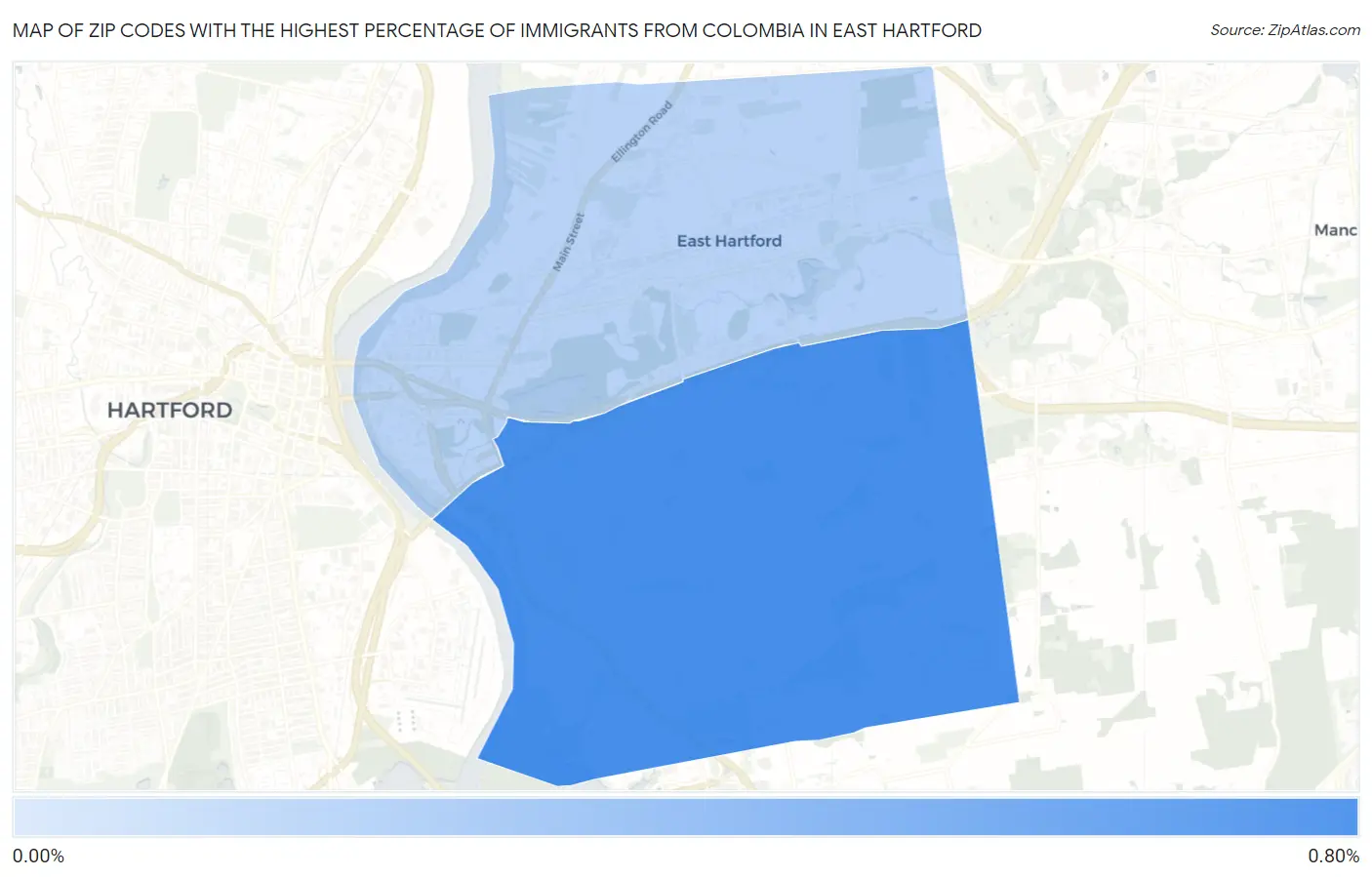 Zip Codes with the Highest Percentage of Immigrants from Colombia in East Hartford Map