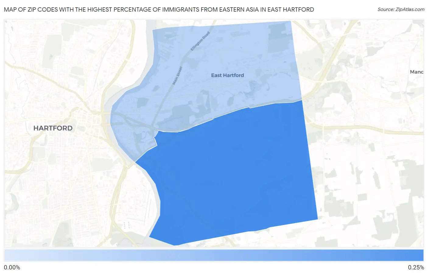 Zip Codes with the Highest Percentage of Immigrants from Eastern Asia in East Hartford Map