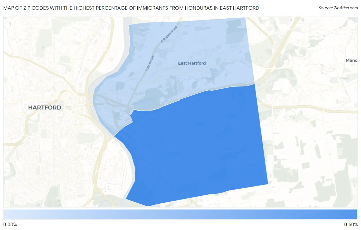 Zip Codes with the Highest Percentage of Immigrants from Honduras in East Hartford Map
