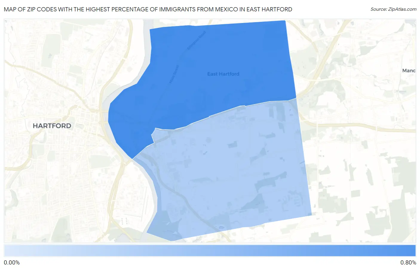Zip Codes with the Highest Percentage of Immigrants from Mexico in East Hartford Map