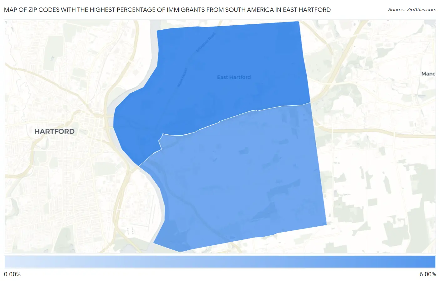 Zip Codes with the Highest Percentage of Immigrants from South America in East Hartford Map