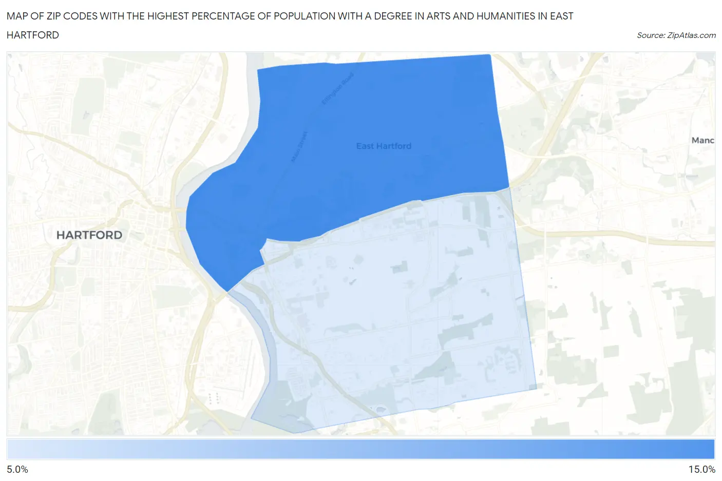 Zip Codes with the Highest Percentage of Population with a Degree in Arts and Humanities in East Hartford Map