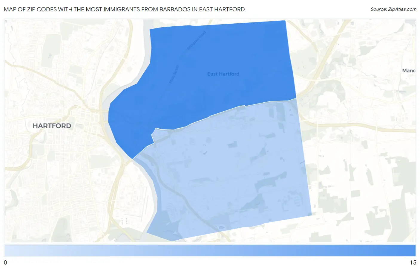 Zip Codes with the Most Immigrants from Barbados in East Hartford Map
