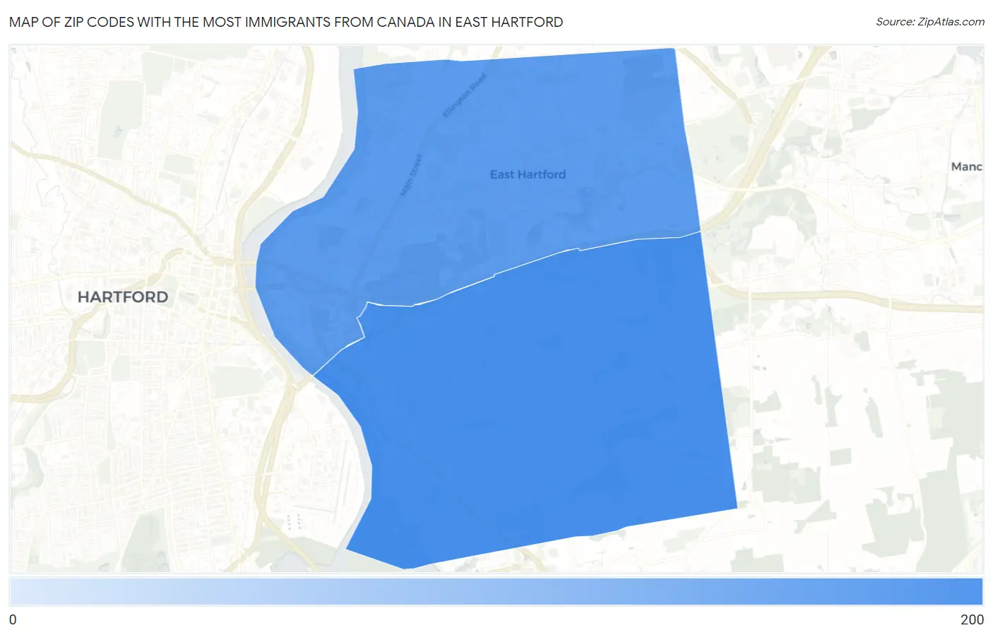 Zip Codes with the Most Immigrants from Canada in East Hartford Map