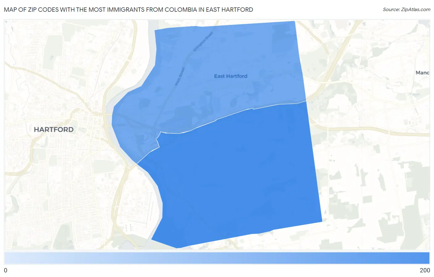 Zip Codes with the Most Immigrants from Colombia in East Hartford Map