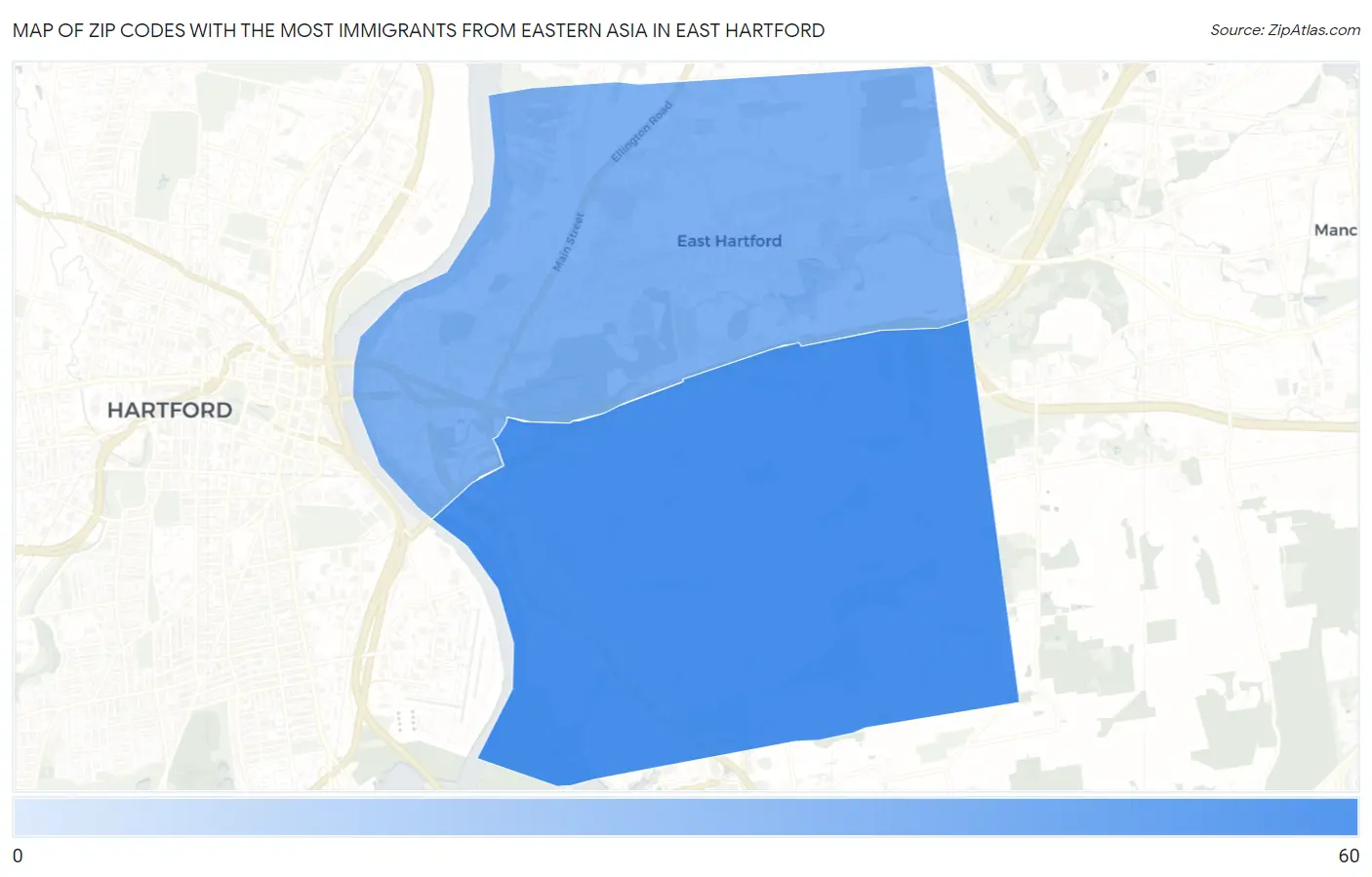 Zip Codes with the Most Immigrants from Eastern Asia in East Hartford Map