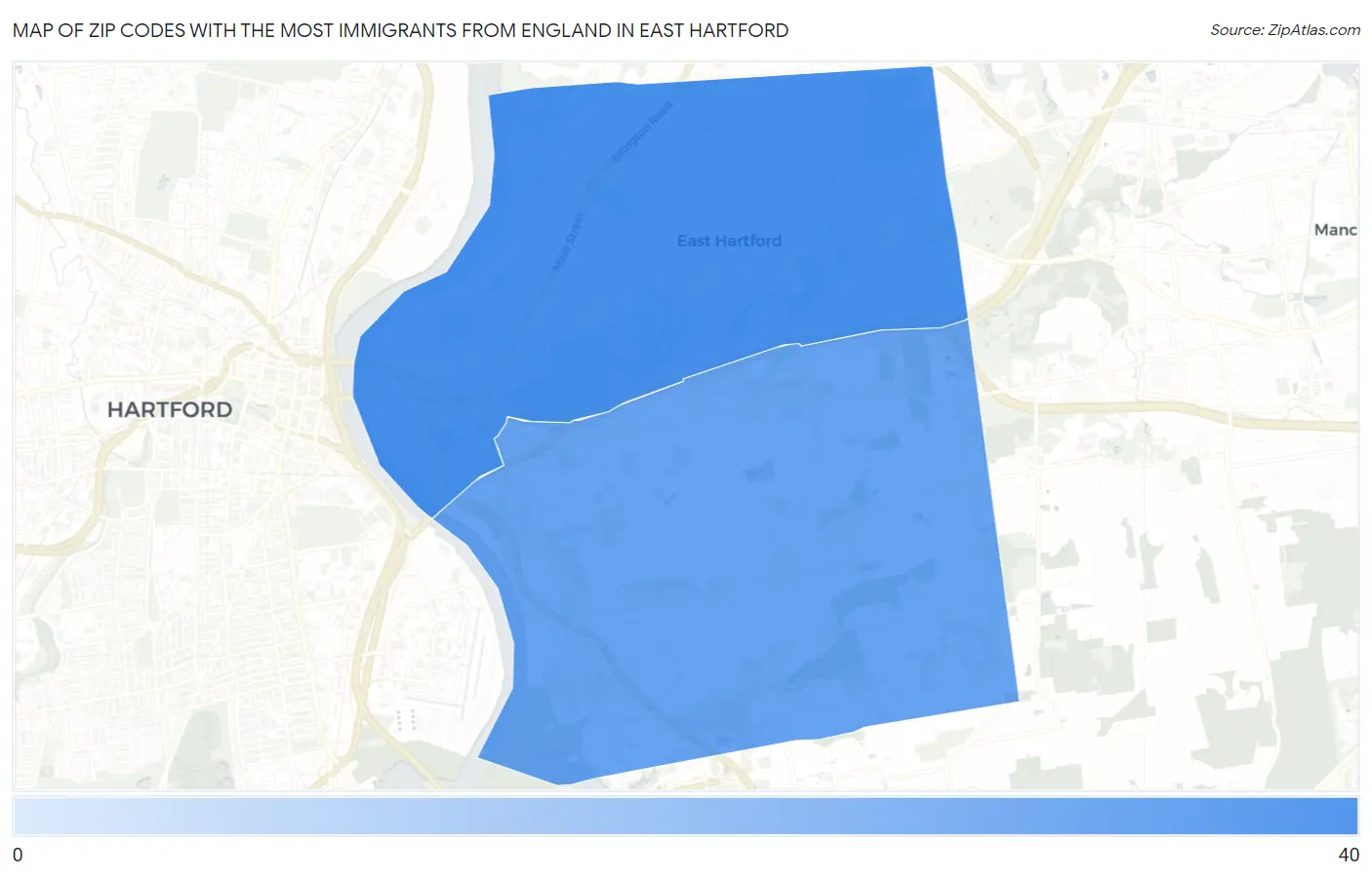 Zip Codes with the Most Immigrants from England in East Hartford Map