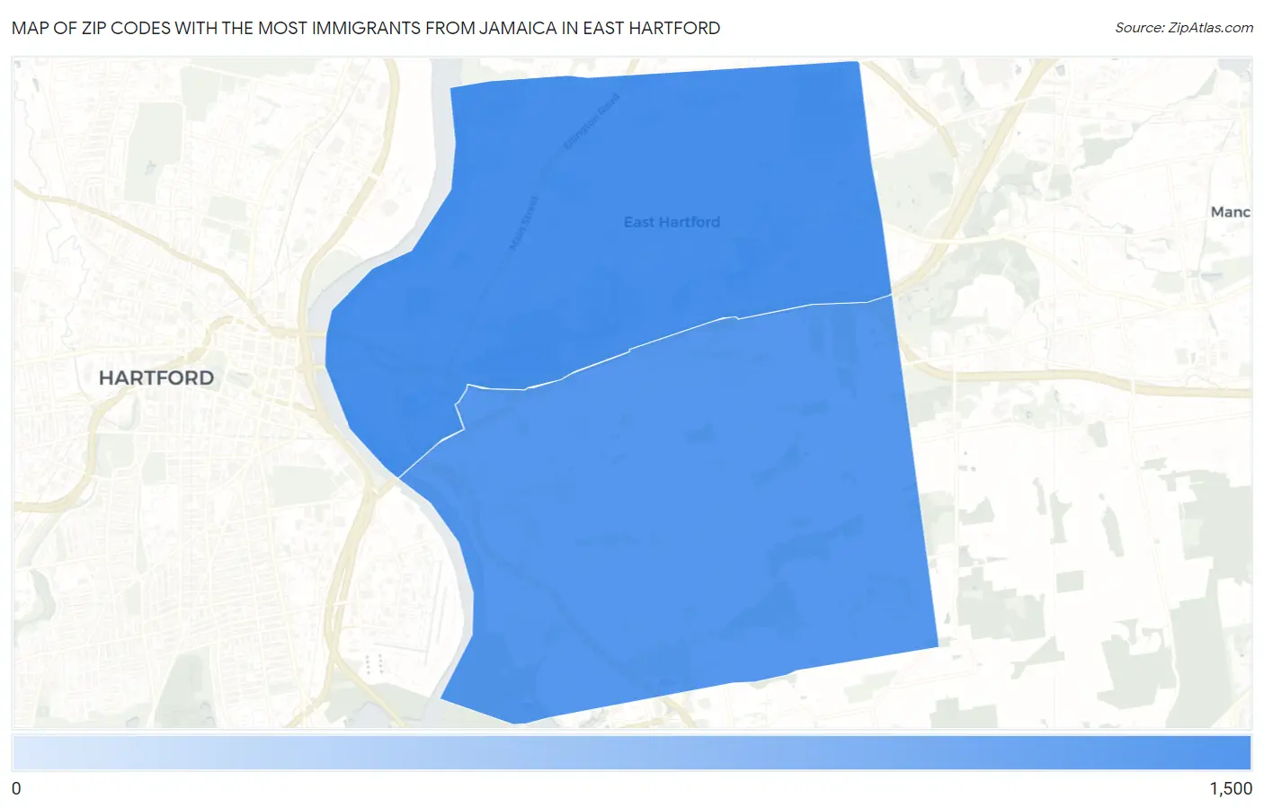 Zip Codes with the Most Immigrants from Jamaica in East Hartford Map