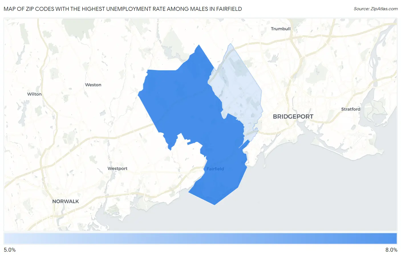 Zip Codes with the Highest Unemployment Rate Among Males in Fairfield Map