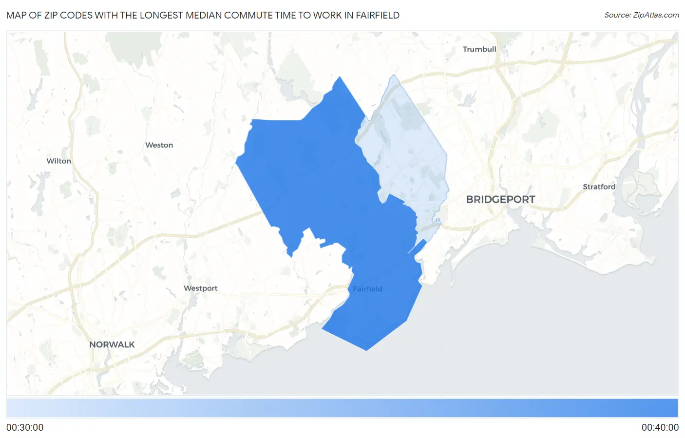 Zip Codes with the Longest Median Commute Time to Work in Fairfield Map