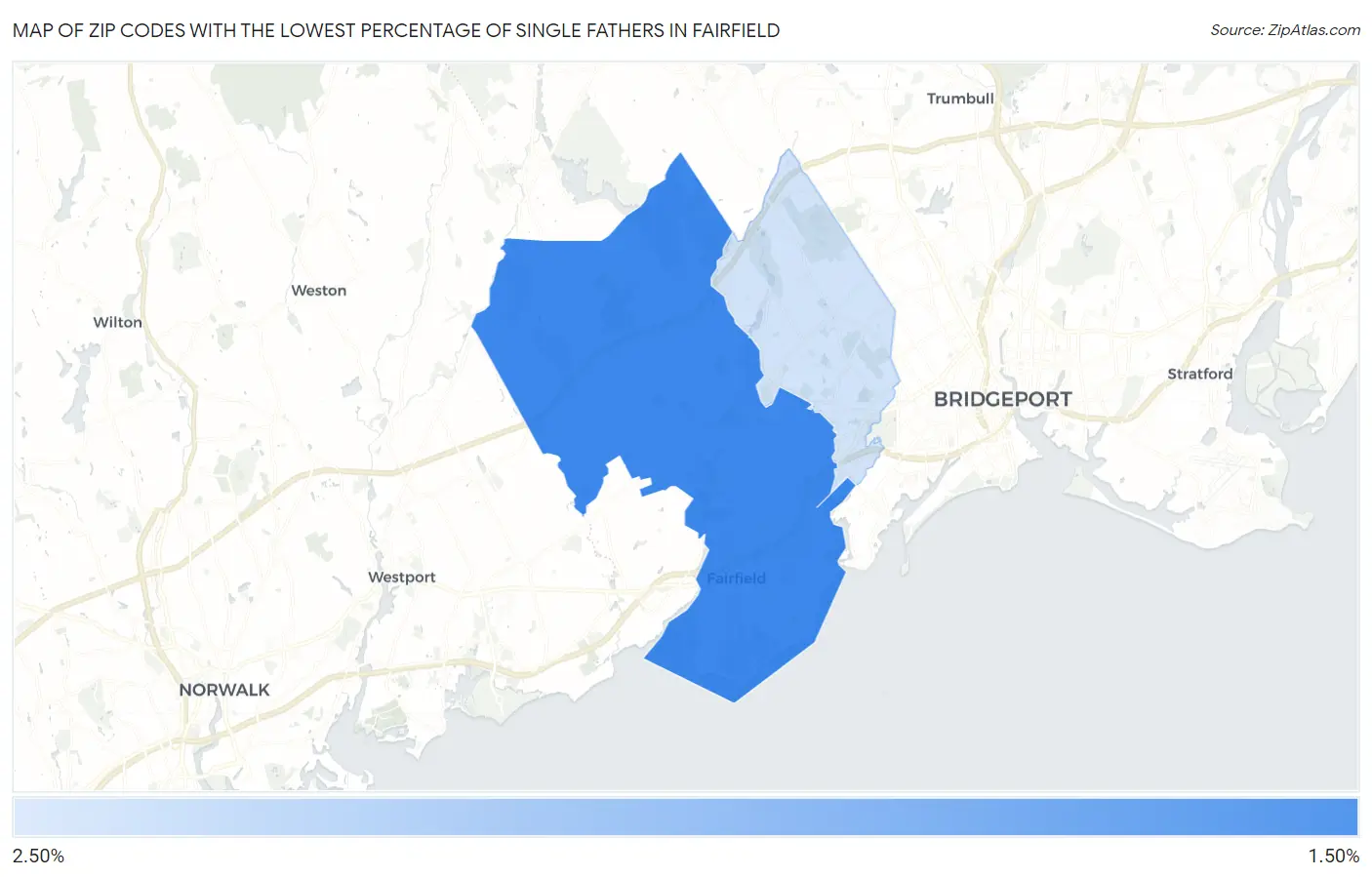 Zip Codes with the Lowest Percentage of Single Fathers in Fairfield Map