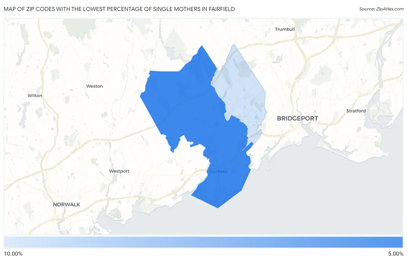 Zip Codes with the Lowest Percentage of Single Mothers in Fairfield Map