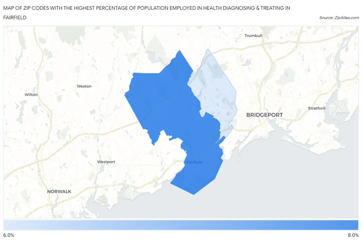 Zip Codes with the Highest Percentage of Population Employed in Health Diagnosing & Treating in Fairfield Map
