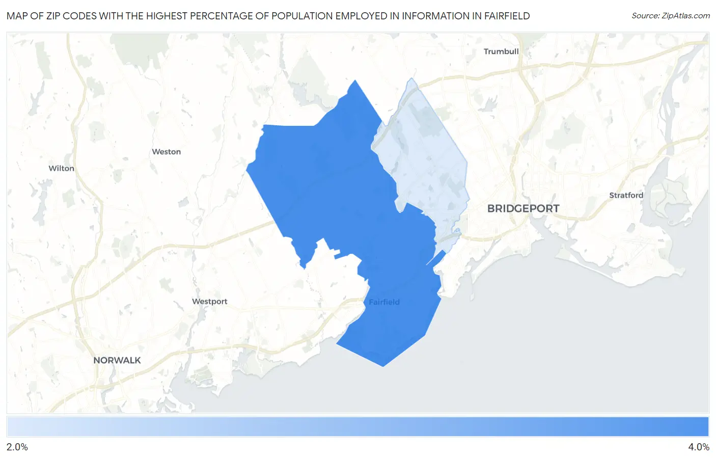 Zip Codes with the Highest Percentage of Population Employed in Information in Fairfield Map