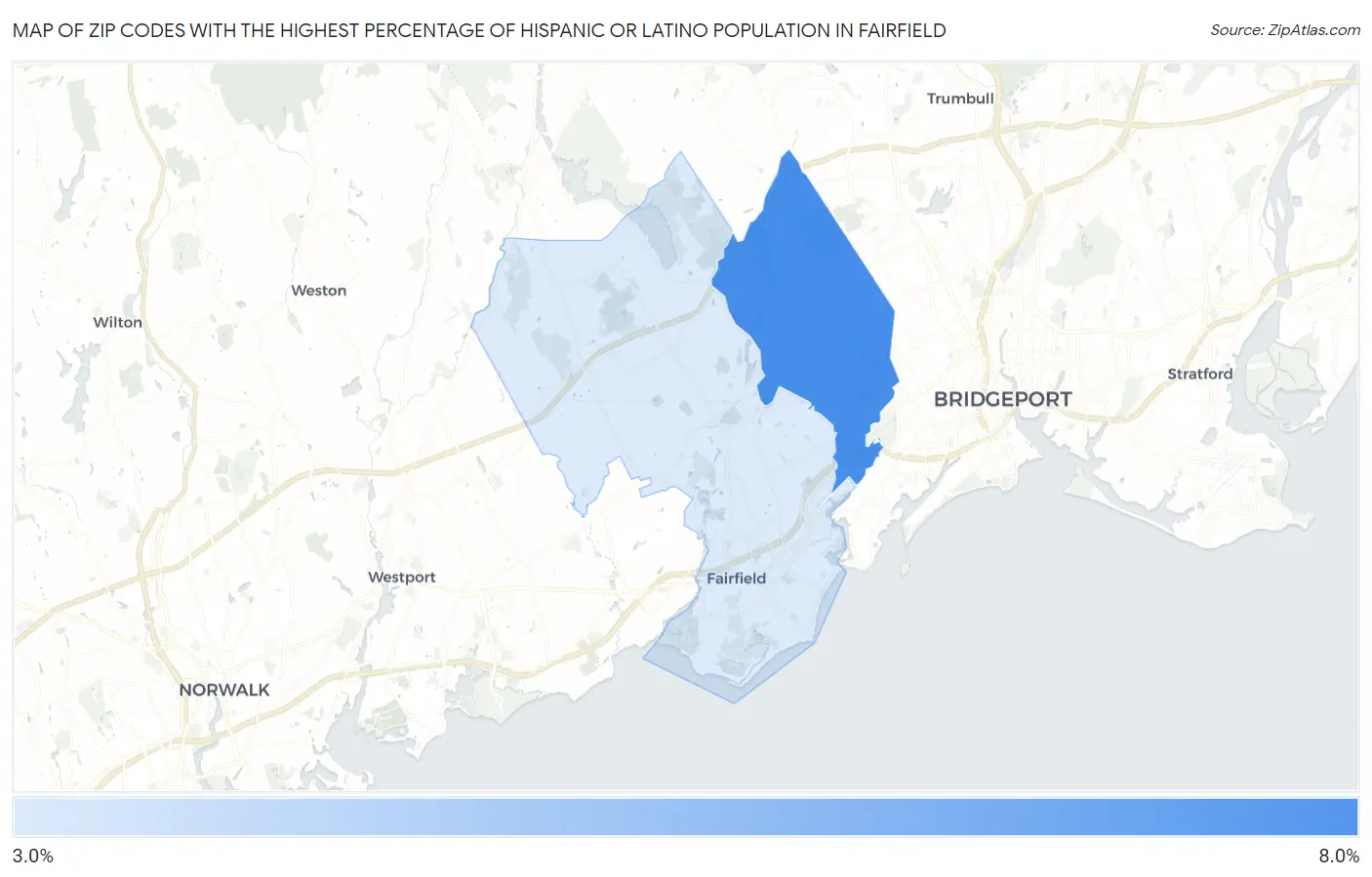Zip Codes with the Highest Percentage of Hispanic or Latino Population in Fairfield Map