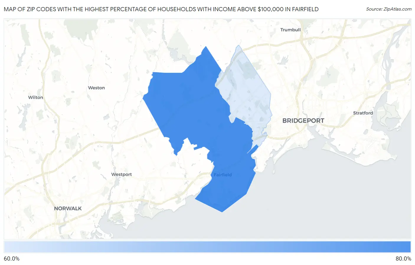 Zip Codes with the Highest Percentage of Households with Income Above $100,000 in Fairfield Map