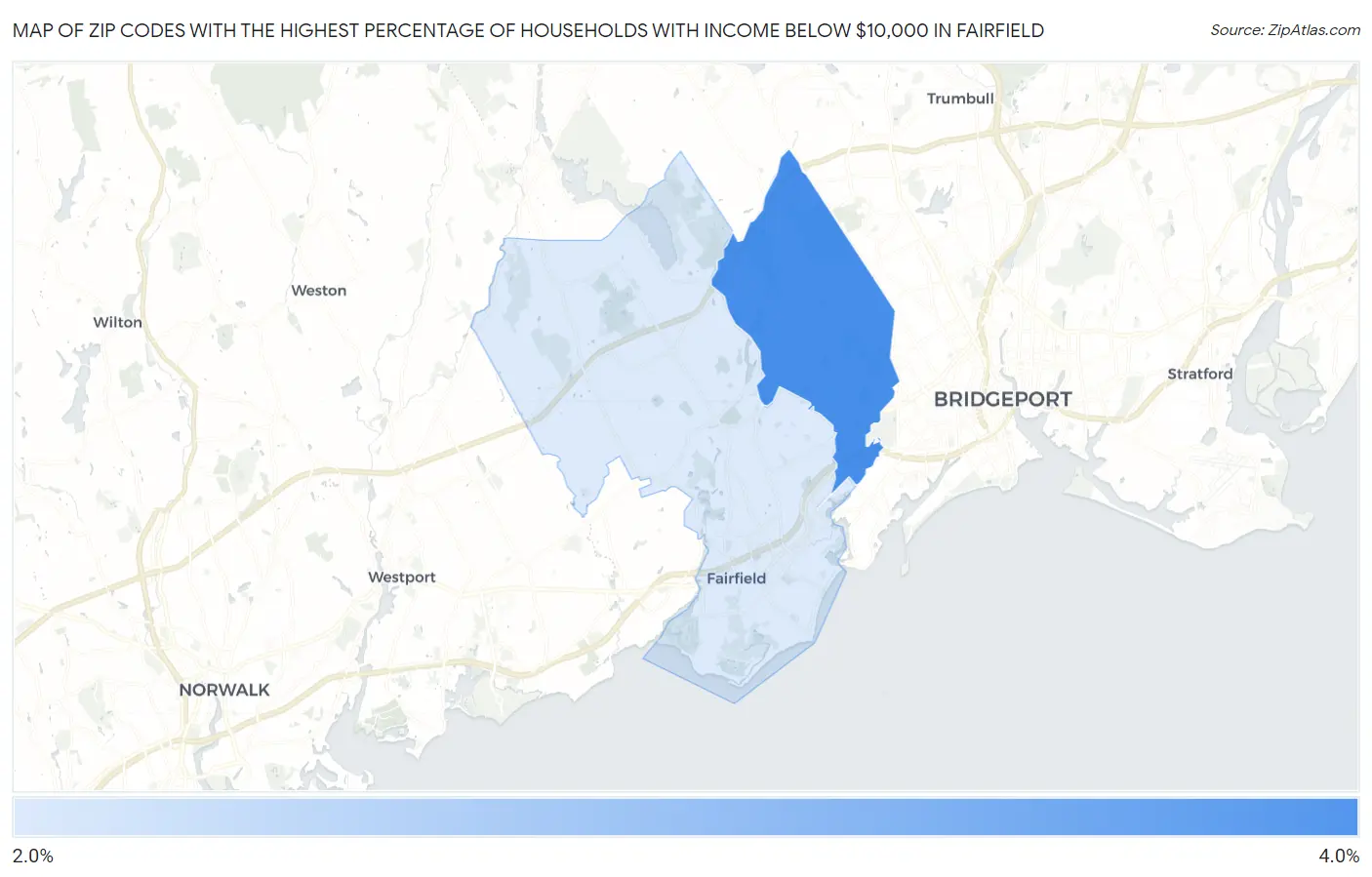 Zip Codes with the Highest Percentage of Households with Income Below $10,000 in Fairfield Map