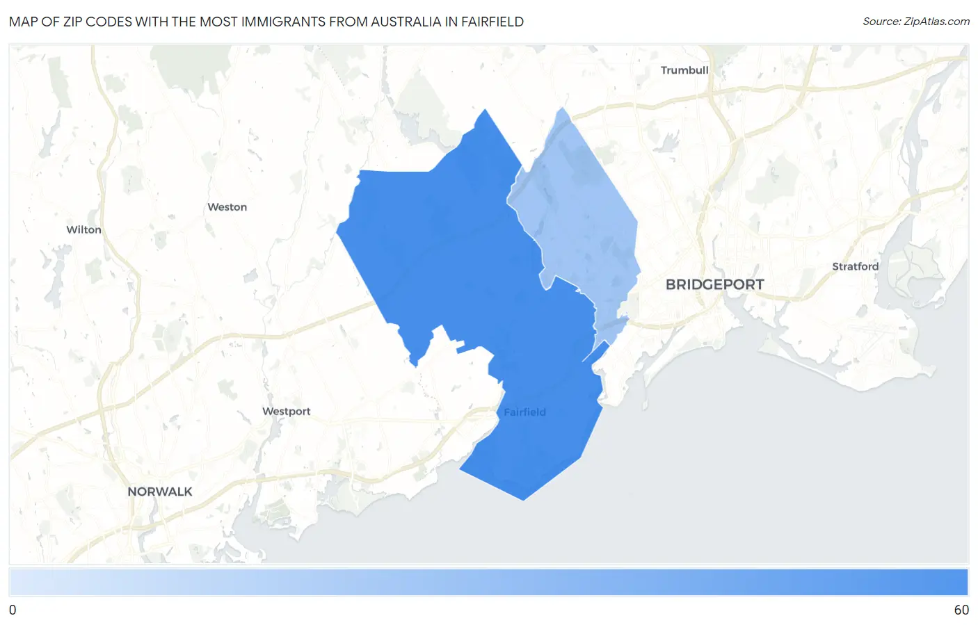 Zip Codes with the Most Immigrants from Australia in Fairfield Map