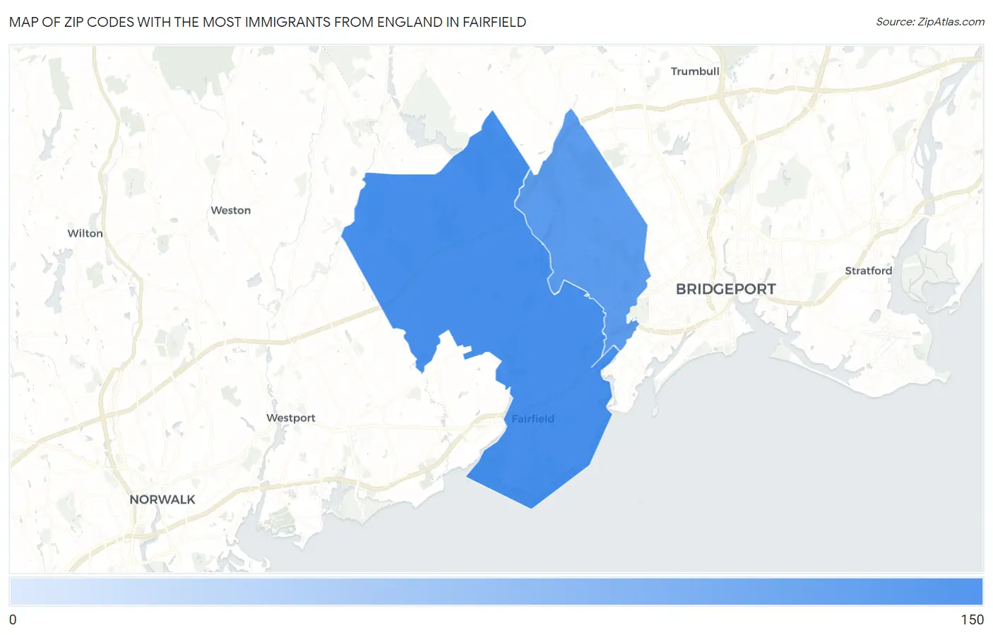 Zip Codes with the Most Immigrants from England in Fairfield Map
