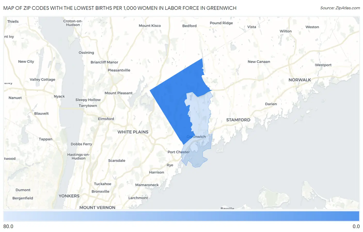 Zip Codes with the Lowest Births per 1,000 Women in Labor Force in Greenwich Map