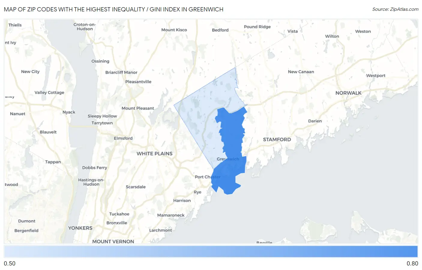 Zip Codes with the Highest Inequality / Gini Index in Greenwich Map