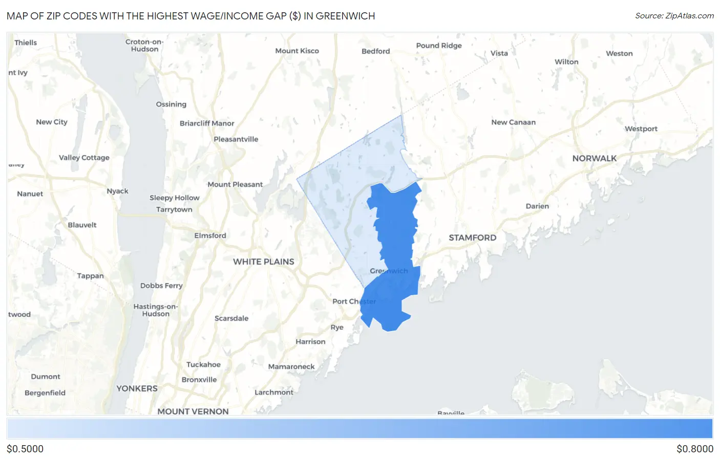 Zip Codes with the Highest Wage/Income Gap ($) in Greenwich Map