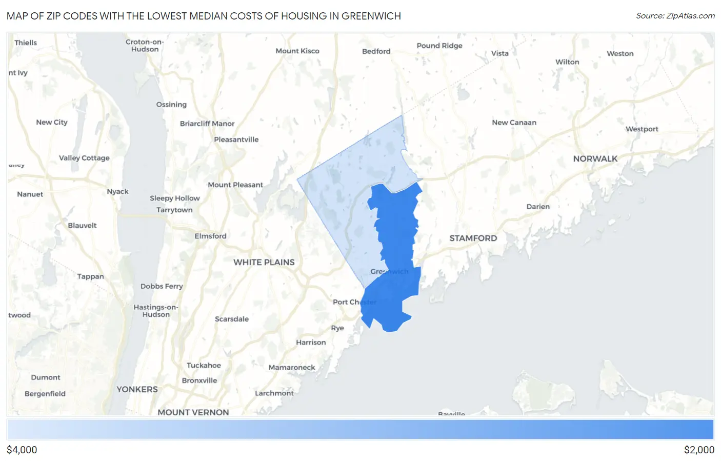 Zip Codes with the Lowest Median Costs of Housing in Greenwich Map