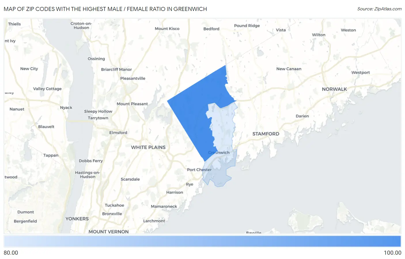 Zip Codes with the Highest Male / Female Ratio in Greenwich Map