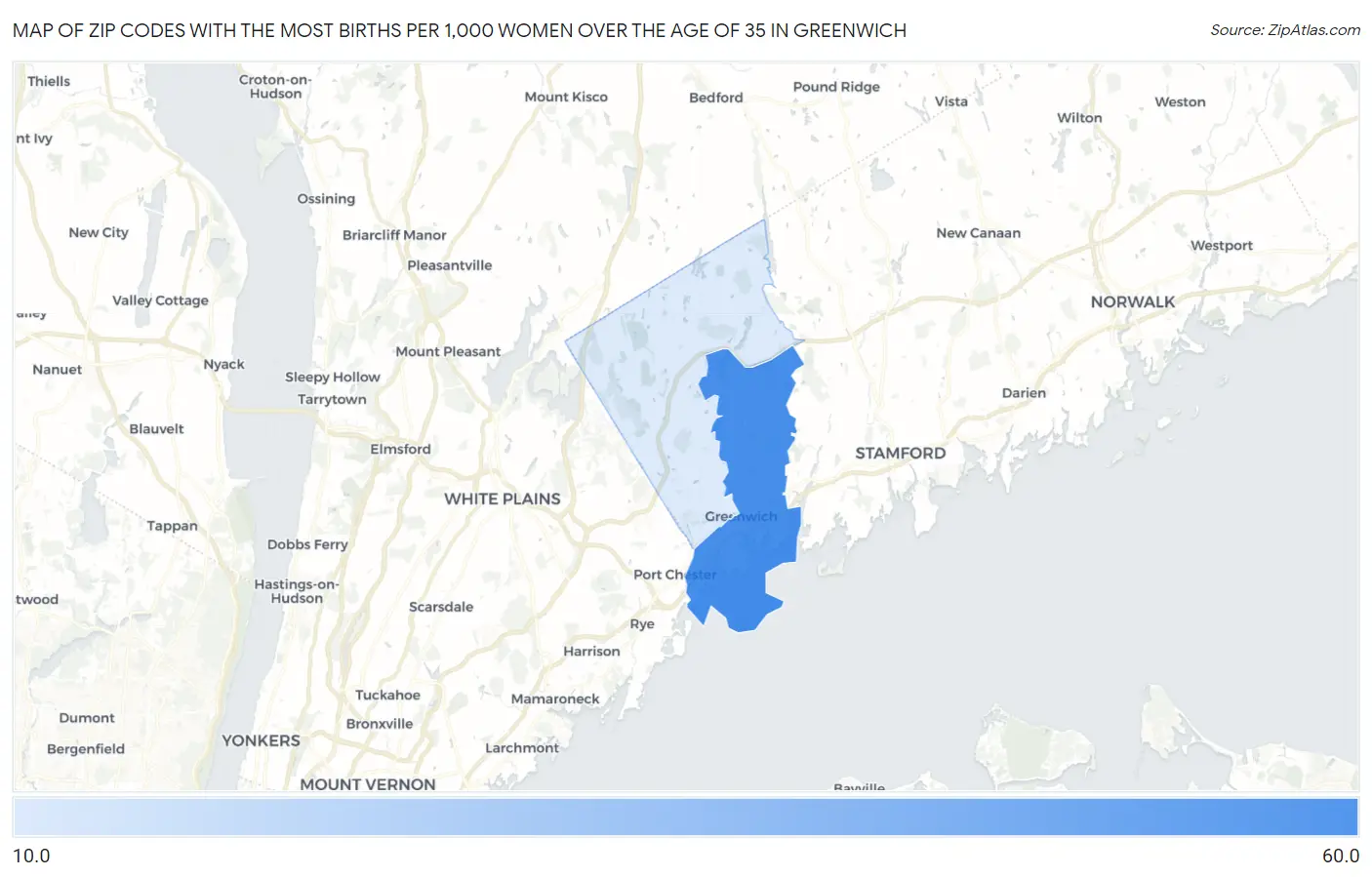 Zip Codes with the Most Births per 1,000 Women Over the Age of 35 in Greenwich Map