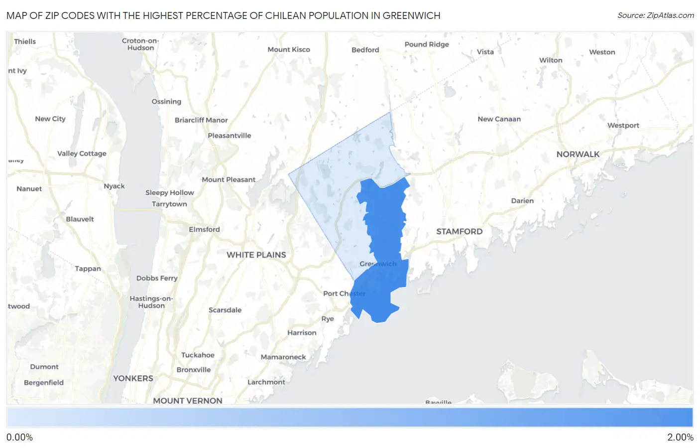 Zip Codes with the Highest Percentage of Chilean Population in Greenwich Map