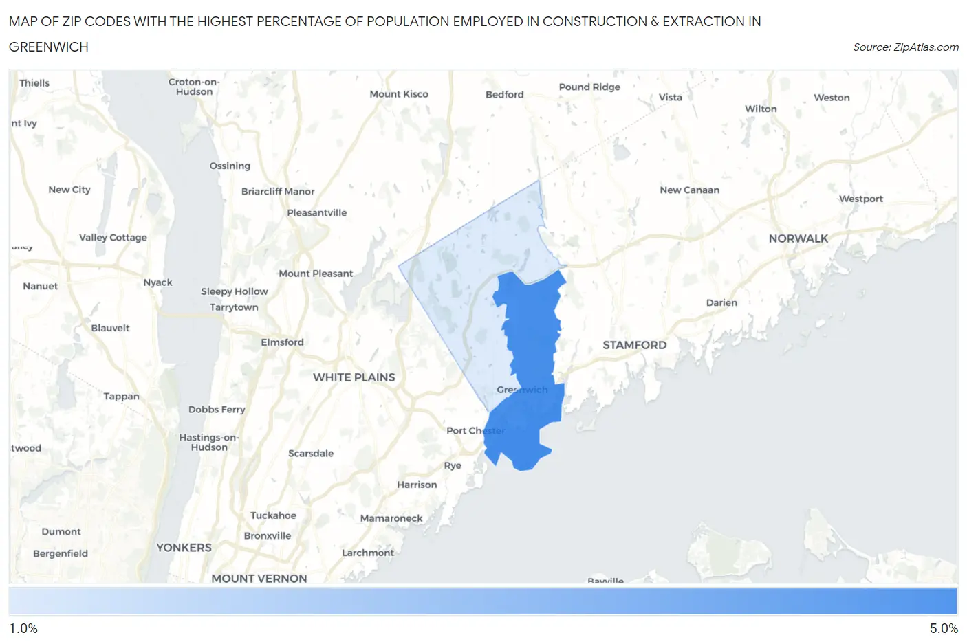 Zip Codes with the Highest Percentage of Population Employed in Construction & Extraction in Greenwich Map