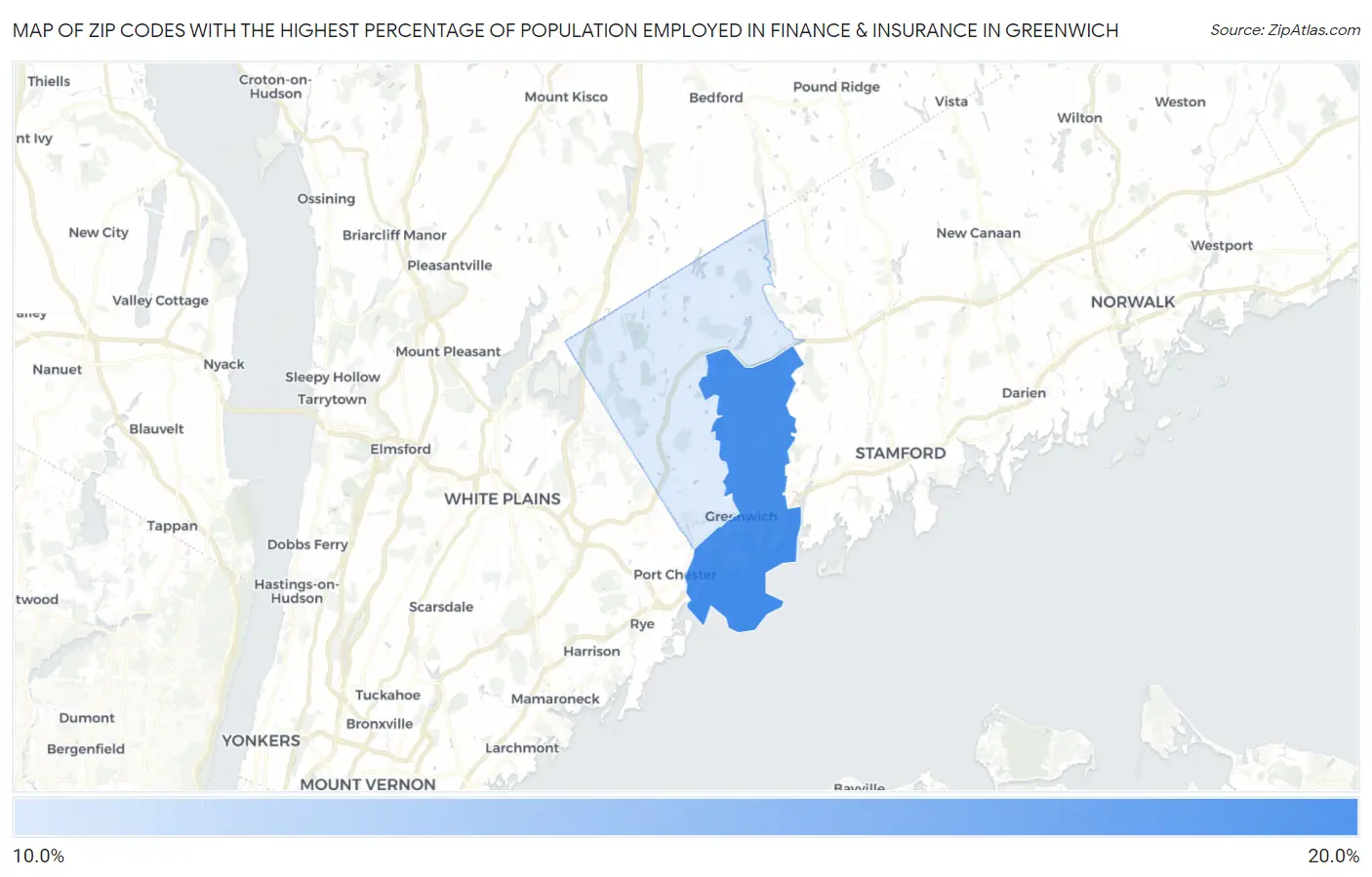 Zip Codes with the Highest Percentage of Population Employed in Finance & Insurance in Greenwich Map