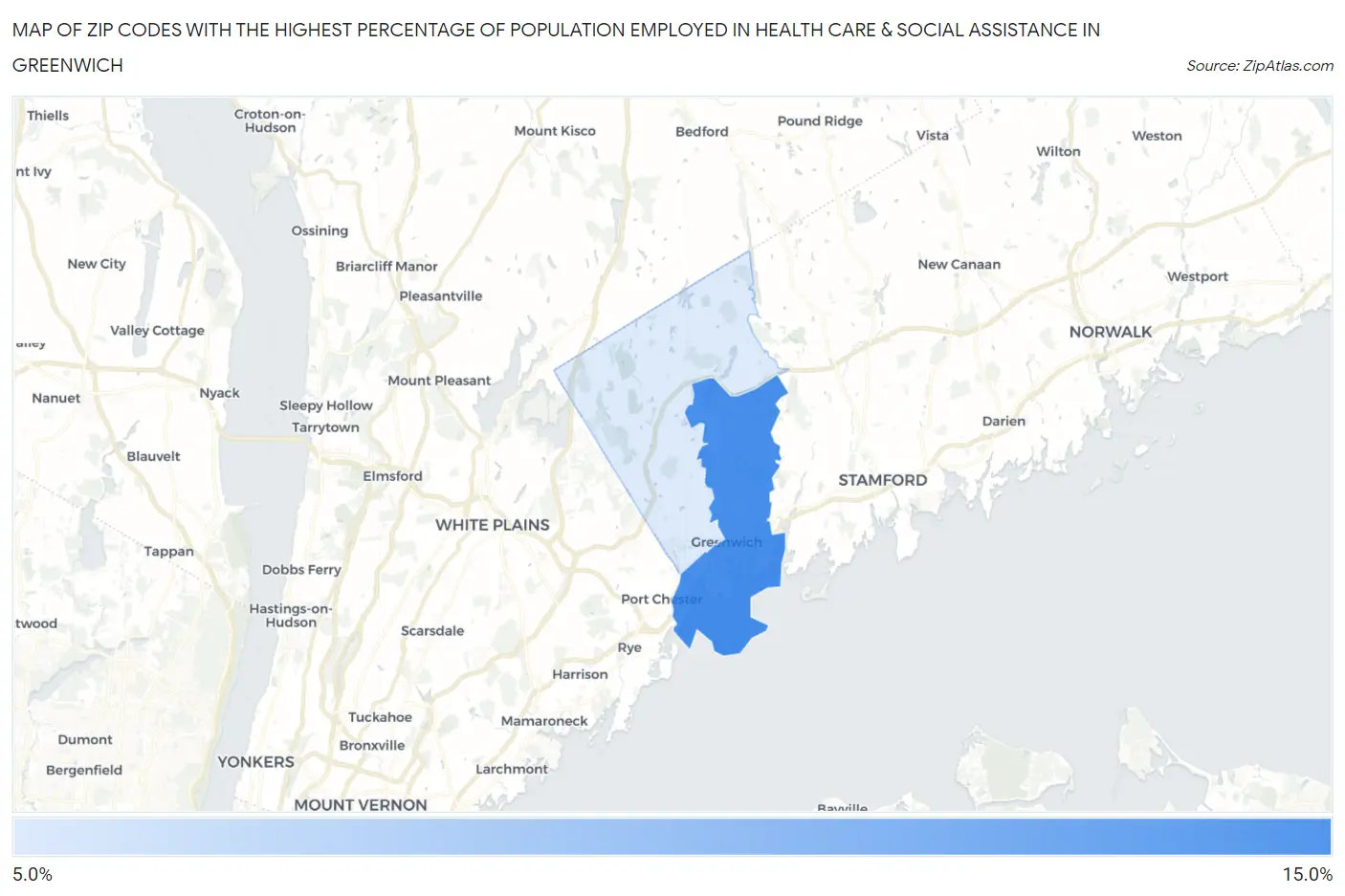 Zip Codes with the Highest Percentage of Population Employed in Health Care & Social Assistance in Greenwich Map